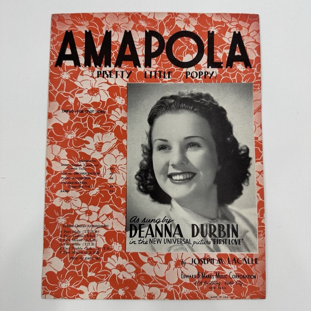 Amapola Pretty Little Poppy 1939 Sheet Music Deanna Durbin First Love Universal